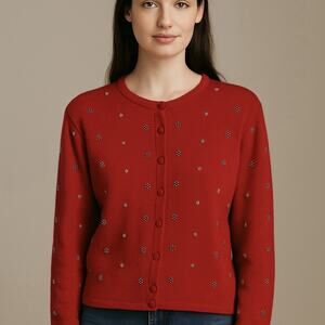 Vintage Jacobson's Beaded Embroidered Cardigan Merino Wool Holiday Red Sz M‎